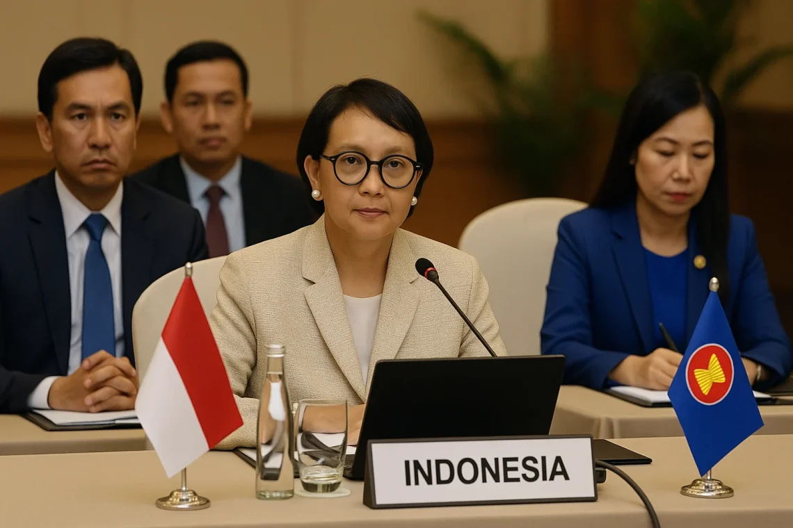 Ilustrasi peran Indonesia dalam bidang politik di ASEAN dengan bendera negara-negara Asia Tenggara.